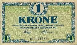 Danmark, 1-Krone Skillemøntseddel 1914-1921, Sieg 117, kvalitet 01-0