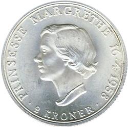 2-Krone i sølv for Dronningens 18-års Fødselsdag i 1958 - Pragteksemplar